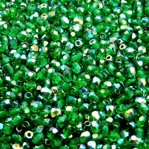 100ks České skleněné broušené ohňovky kulička 3mm chrysolit/ AB polopokov