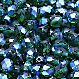 50ks České skleněné broušené ohňovky kulička 6mm emerald/ AB polopokov
