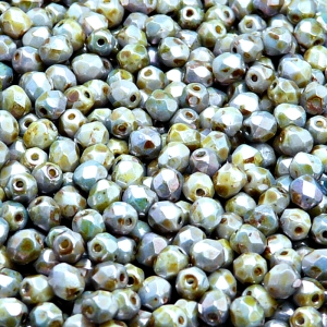 100ks České skleněné broušené ohňovky kulička 4mm bílá/ modrá lazura s listrem