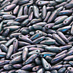 50ks České skleněné mačkané korálky jazýčky 3x11mm zelený tyrkys/ nebula listr