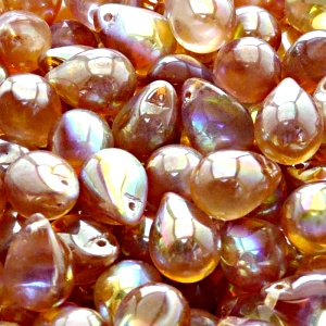 10ks České skleněné mačkané korálky kapky 10x14mm čirá/ oranžová duha