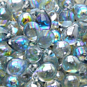 10ks České skleněné mačkané korálky kapky 10x14mm čirá/ modrá duha