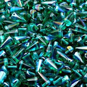 50ks České skleněné mačkané korálky trny 5x8mm emerald/ AB polopokov