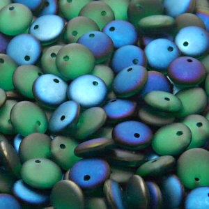 40ks České skleněné mačkané korálky čočka 8mm emerald/ azuro polopokov mat
