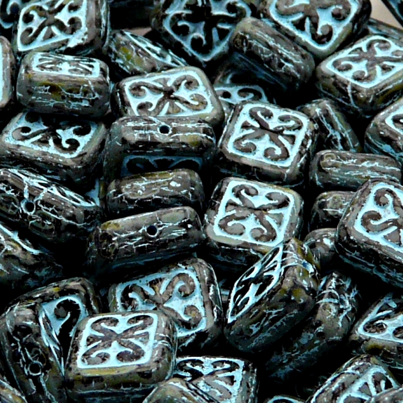8ks České skleněné mačkané korálky obdelník s ornamentem 11x12mm černá/ travertin se světle modrým zátěrem