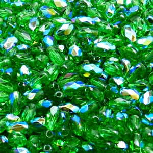 50ks České skleněné broušené tvarové ohňovky olivy 6x4mm chrysolit/ AB polopokov