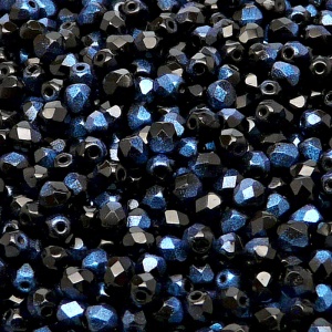 100ks České skleněné broušené ohňovky kulička 4mm černá/ modrý rutil