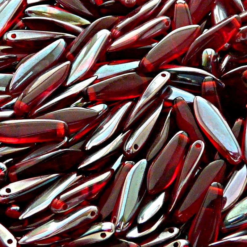 30ks České skleněné mačkané korálky jazýčky 5x16mm rubín/ celsian polopokov