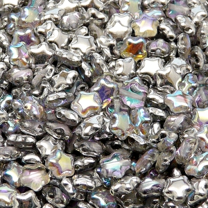 40ks České skleněné mačkané korálky hvězdička 6mm čirá/ stříbrná duha