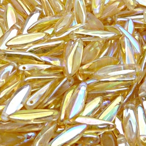 30ks České skleněné mačkané korálky jazýčky 5x16mm čirá/ žlutá duha